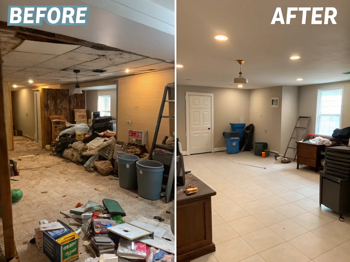 A photo showing a before-and-after transformation of a cluttered office space, demonstrating San Diego Junk Removal's commercial junk removal capabilities.