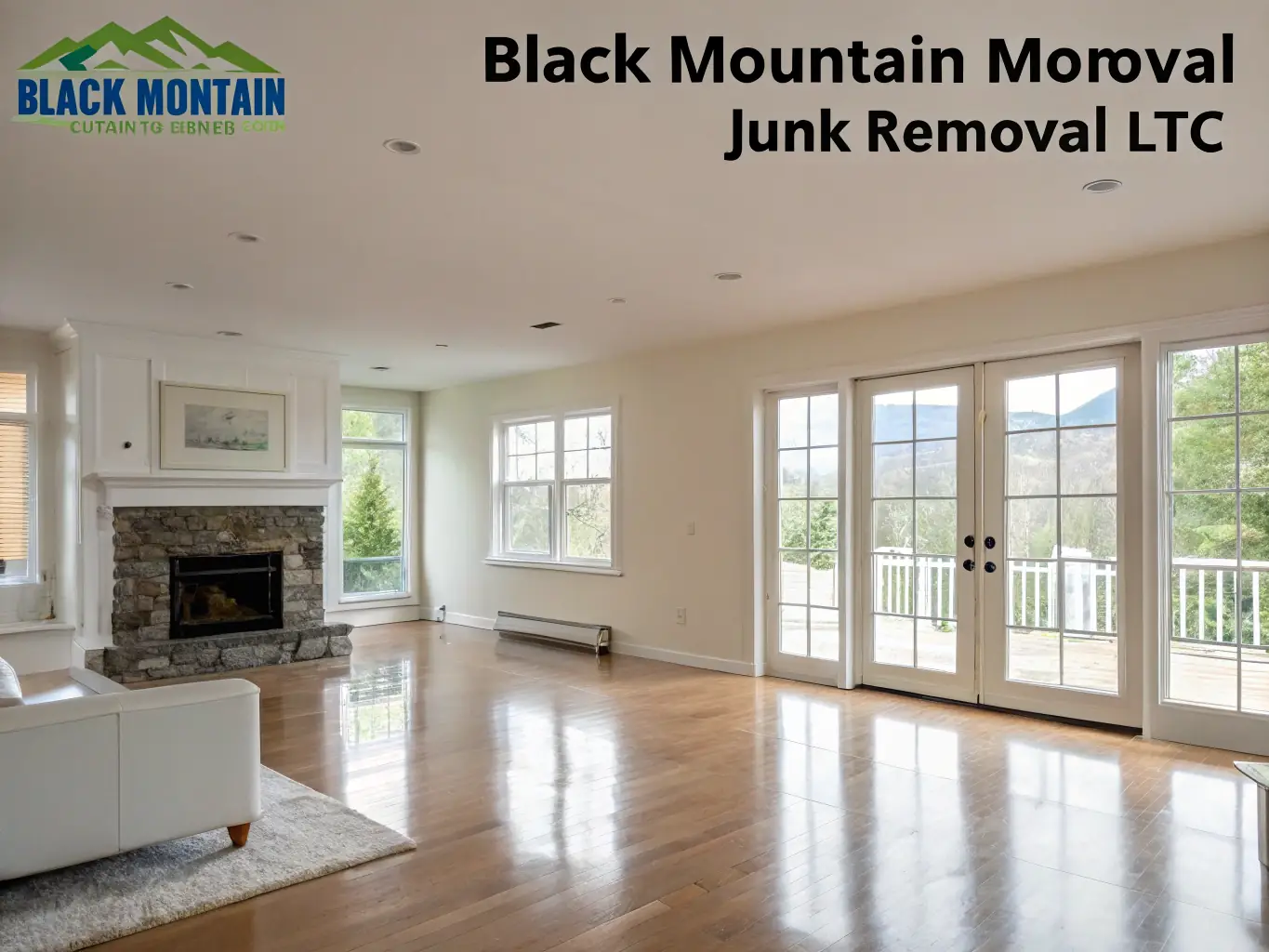 A photo showcasing a clean and empty space after a residential junk removal project, with a San Diego Junk Removal truck in the background.